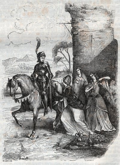 Ruggiero och tre nymfer från hovet i Alcina - gravyr från 1851 från dikten Orlando furioso av French School
