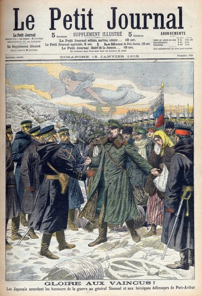 Rysk-japanska kriget 1904-1905: Japaner tillåter general Stoessel och de ryska försvararna av Port Arthur hedervärd kapitulation. Från Le petit Journal, Paris av French School