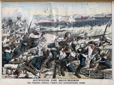 Rysk-japanskt krig - Japansk attack mot ryska skyttegravar vid Mukden, rysk-japanska kriget. Runt Moukden. Japanerna stormar de ryska skansarna. Illustration för Le petit Journal, 2 oktober 1904. av French School