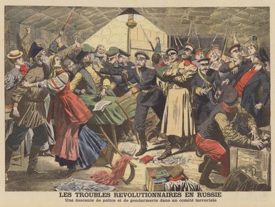 Rysk polis bryter upp ett revolutionärt möte (färg litho) av French School