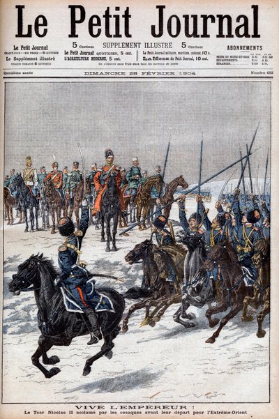 Rysk-japanska kriget 1904-1905 - Kosacker som hyllar tsar Nicholas II innan de reste till Fjärran Östern för att slåss mot japanerna i "Le Petit Journal", 28 februari 1904 (gravyr) av French School