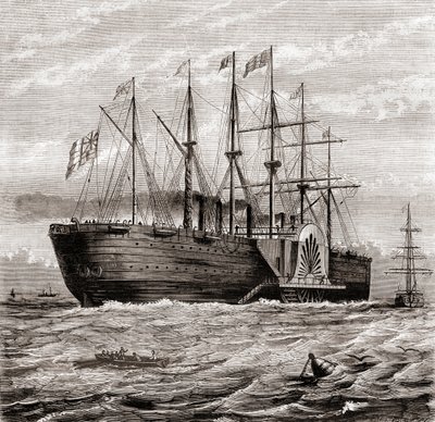 SS Great Eastern, järnseglande ångfartyg designat av Isambard Kingdom Brunel, från Les Merveilles de la Science, publicerat ca 1870 (gravyr) av French School