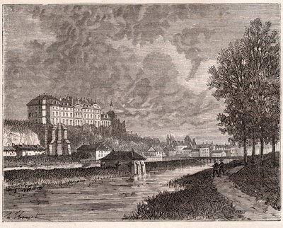 Sable-sur-Sarthe (Sable sur Sarthe) - gravyr i "La France illustree: geografi, historia, statistisk administration" av V.A. Malt-brunt. 1884 av French School