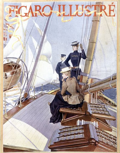 Segling: kvinnor på däck av en båt - ritning i "" Figaro illustrerad"" från 1891, Arts Deco. av French School