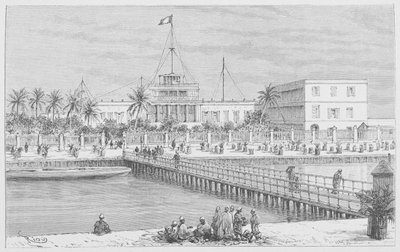 Saint-Louis, utsikt över N"Dar, Pont de Guet, illustration från "Le Senegal..." av Louis Leon Faidherbe, 1889 av French School