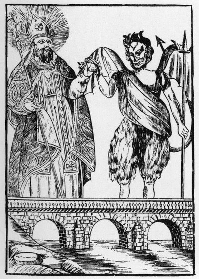 Saint Cado (eller Cadoc eller Catuod eller Catoc eller Cazut eller Cadochus) legendariska helgonet Christian ger en katt till djävulen i utbyte mot att bygga en bro - populära bilder Perret av French School