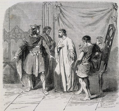 Saint Eloi och Dagobert: Dagobert blev förvånad när Eloi presenterade honom den andra fåtöljen - grav. 1800-talet av French School