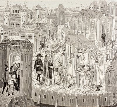 Saint Gaugericus, biskop av Cambrai, anländer till staden för sin utnämning, från "Military and Religious Life in the Middle Ages" av Paul Lacroix, publicerad i London ca 1880 av French School