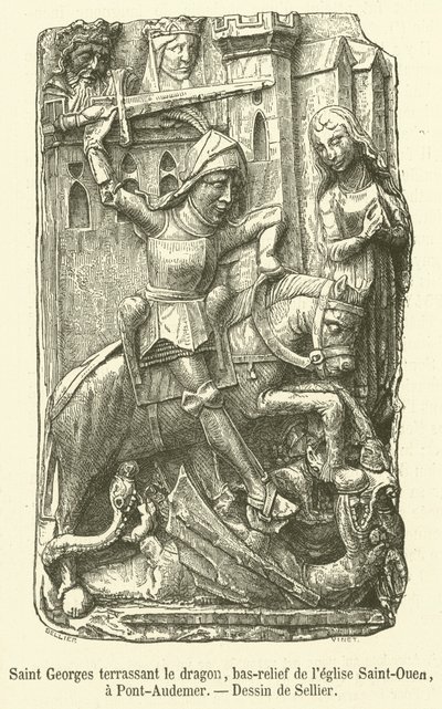Saint George som dödar draken, basrelief av Saint-Ouen-kyrkan, i Pont-Audemer (gravyr) av French School