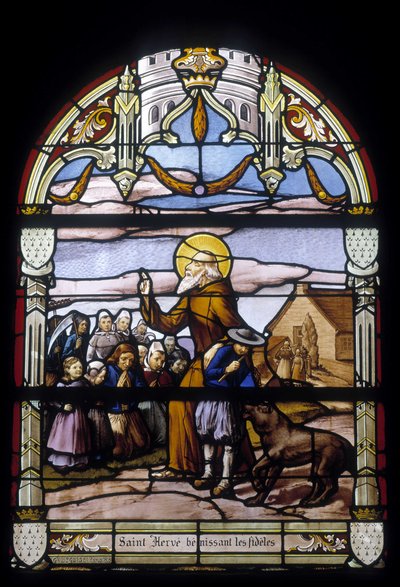 Saint Hervé välsignar de trogna - målade glasfönster i St Germain-kyrkan i Kerlaz av French School