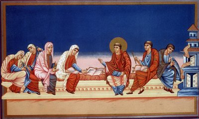 Den helige Hieronymus förklarar evangeliet för Eustochia och Paule, 900-talet. av French School