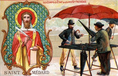 Saint Médard, paraplysäljarnas skyddshelgon, ca 1910 (lito i färg) av French School