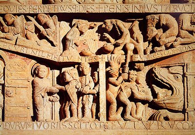 Sankt Peter tar emot de välsignade till himlen och de fördömda faller i helvetets käftar, detalj från den sista domen på den västra portalen Tympanum, ca 1135 av French School