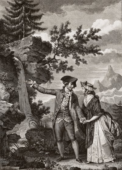 Saint Preux och Julie gravyr från 1793 för "Julie ou la nouvelle Heloise" av den schweiziska filosofen Jean Jacques (Jean-Jacques) Rousseau (1712-1778) - Julie och Saint-Preux, illustration från "La Nouvelle Heloise" av Jean-Jacques Rousseau (1712-78) (gra av French School