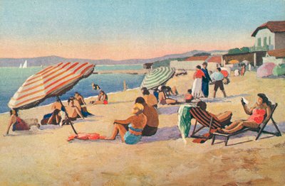Saint Tropez: Bouillabaisse-stranden (färglitografi) av French School