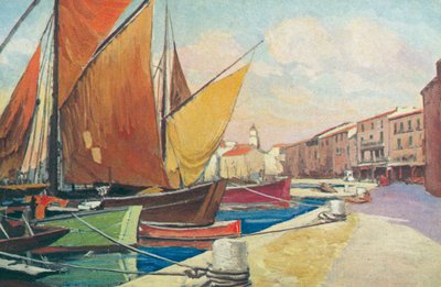 Saint Tropez: Segelbåt i hamn (färglitografi) av French School