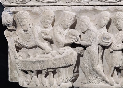 Salome presenterar Johannes Döparens huvud vid Herodes högtid, detalj från en relief på en kapitäl (sten) (detalj av 86203) av French School