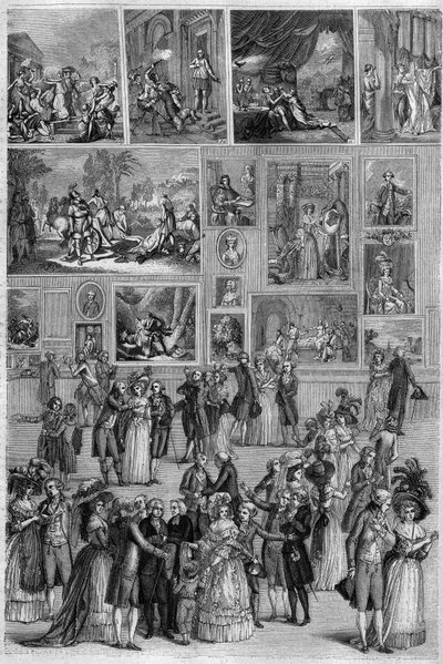 Salon de 1787: utsikt över Salon Carre vid Louvren under målningsutställningen i Paris. Gravyr av Martini i ""The Picturesque Store"" av French School