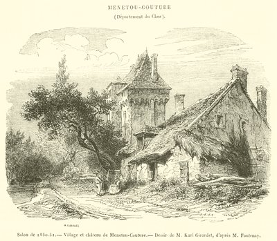 Vardagsrum 1850-51, byn och slottet Menetou-Couture (gravyr) av French School