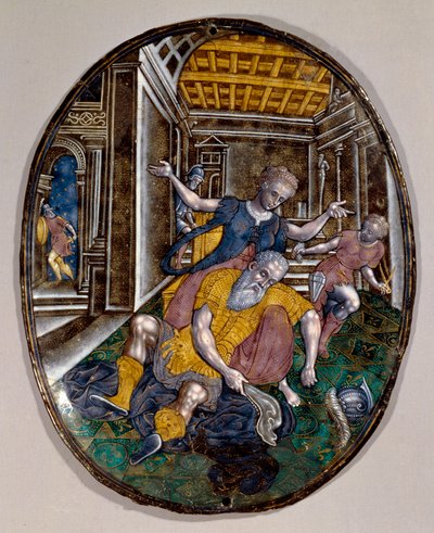 Samson och Dalila Samson tappar styrka efter att Dalila klippt håret. Limoges häfte. 1575 ca. London Victoria and Albert Museum av French School