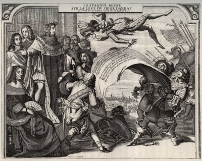 Satirisk allegori om uppkomsten av belägringen av Arras 1654 efter kröningen av Ludvig XIV (1638-1715). Nedre vänstra är drottning Anne av Österrike (1601-1666). Stående bredvid Ludvig XIV, och till vänster om kungen, kardinal Jules Mazarin (1602-1661). En av French School