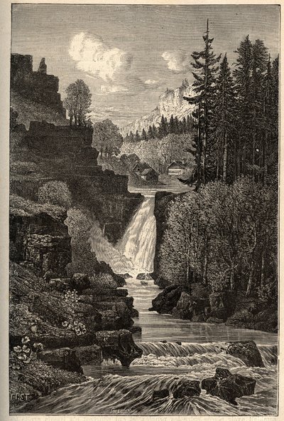 Saut du Doubs (vattenfallsfall) Franche-Comte - gravyr i "" PATRIE"" - PECTURESSE BESKRIVNING AV FRANKRIKE I 6 VOLYER AV LUCIEN HUARD - slutet av 1800-talet av French School