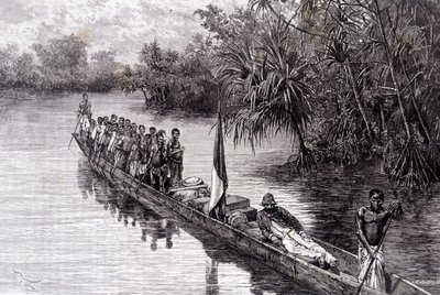 Savorgnan av Brazza i en kanot i pandanus i Västafrika - i "" Tour du Monde"", 2:a veckan 1887 av French School