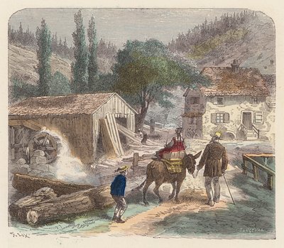 Sågverk (färgad gravyr) av French School