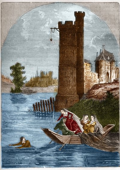 Skandal (affären) av tornet i Nesle: Buridan lyckades fly från tornet i Nesle i Paris 1314 trots bakhållet som sattes av drottning Marguerite av Bourgogne (1290-1315). Gravyr i "Histoire de la prostitution et de la debauche dans les peuples du g av French School