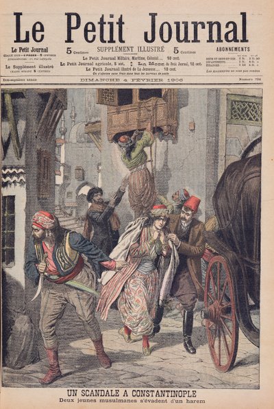 Skandal i Konstantinopel, två unga muslimska damer som flyr från ett harem, illustration från 