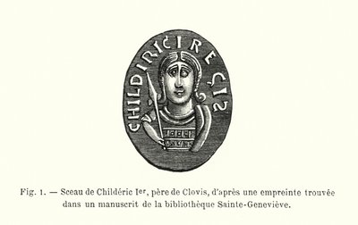Sigill av Childeric I, far till Clovis, från ett avtryck som hittats i ett manuskript i Sainte-Genevieve-biblioteket (gravyr) av French School
