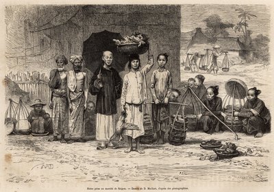 Scene du marche de Saigon, gravyr efter en teckning av D. Maillard, som illustrerar resan till Cochinchine, av doktor Morice, 1872, publicerad i "" Le tour du monde"" 1875, redigerad av Edouard Charton, Hachette-upplagan, Paris. Selva samling. av French School