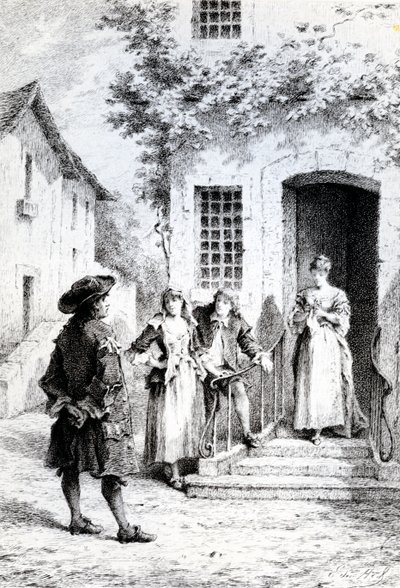 Scen från The School for Wives, av Moliere av French School