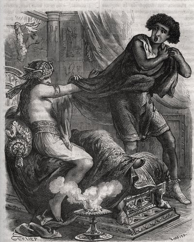 Scen ur Bibeln: "" Hon grep den alltför dygdiga unge mannen i hans tunika""". Hustrun till Putifar (Potifar) försöker förföra Josef, en slav till farao. Gravyr från 1871 i "Histoire Des Cocus Celebres"" av Henry de Kock (1819-1892). av French School
