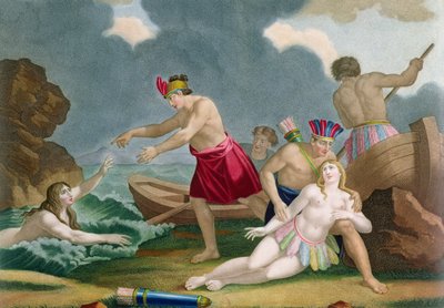 Scen från historien om den aztekiska prinsessan Amazilly och hennes bror Telasco av French School