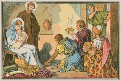 Scen ur Jesu liv (färgad gravyr) av French School
