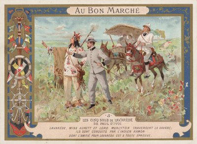Scen från romanen Les Cinq Sous de Lavarede, av Paul Ivoi (chromolitho) av French School