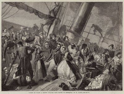 Scen ombord på en fransk ångbåt från Havre till Honfleur (gravyr) av French School