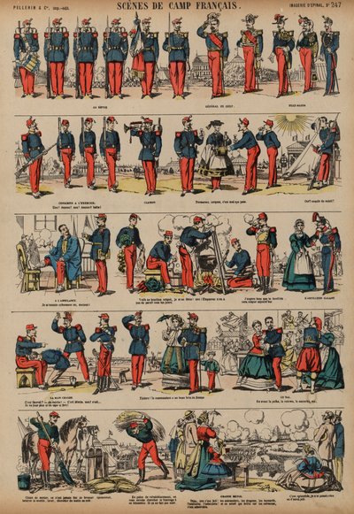 Scener från ett fransk arméläger (färgad gravyr) av French School
