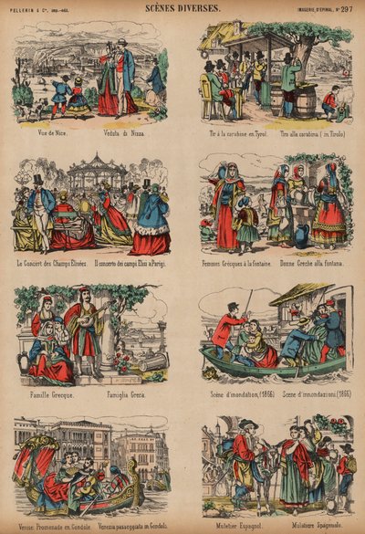 Scener från olika europeiska platser (färgad gravyr) av French School