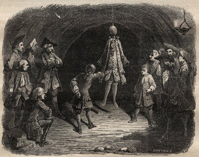 Tjuvskola skapad av briganden Louis Dominique Garthausen dit Cartridge (1693-1721) i en karriär i Paris: en modell hängd i taket vars fickor skulle tömmas utan att röra sig på grund av straff för att få ett skottregn - School of thieves av French School