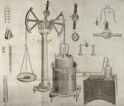 Vetenskaplig utrustning, från The Elements of Chemistry av Antoine Laurent de Lavoisier (1743-94) graverad av D. Lizars, 1796 av French School