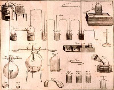 Vetenskaplig utrustning, från The Elements of Chemistry av Antoine Laurent de Lavoisier (1743-94) graverad av D.Lizars, 1796 av French School