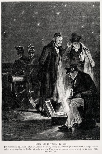 Vetenskapligt experiment: beräkningen av ljudets hastighet, av Humboldt, Louis-Joseph Gay-Lussac (Louis Joseph Gay Lussac), Bouvard, Prony och Mathieu, som bestämmer tiden som går mellan uppfattningen av ljus och det av ett pistolskott, på natten av French School