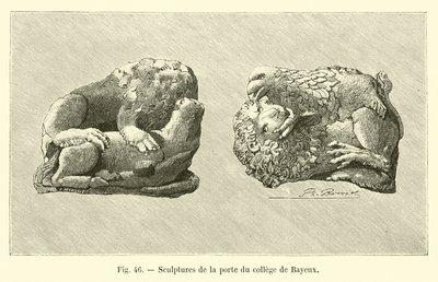 Skulpturer på dörren till högskolan i Bayeux (gravyr) av French School