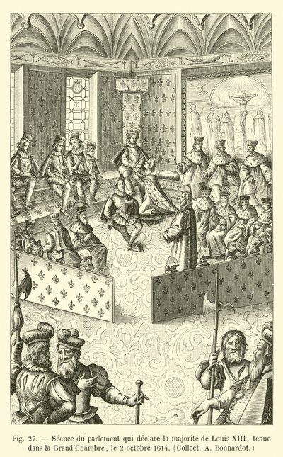 Session av parlamentet som förklarar majoriteten av Ludvig XIII, som hölls i Stora kammaren, 2 oktober 1614, Collect A Bonnardot av French School