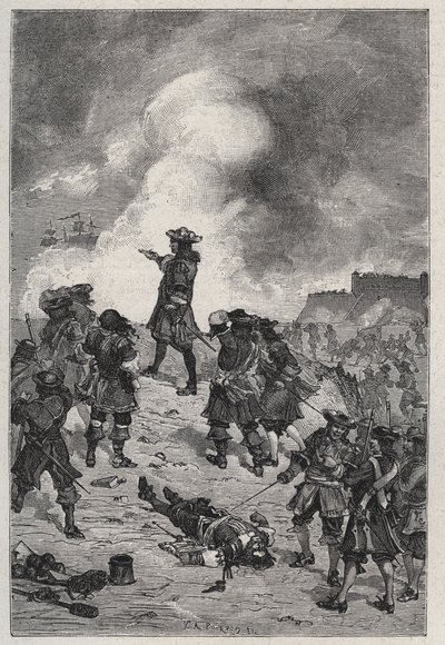 Sebastian the Prestre herre av Vauban (1633-1717), marechal av Frankrike försvarar Brest mot en attack av den engelska flottan 1695 - gravyr i "Les Hommes Celebres de la France" av Louis Dumas 1889 av French School