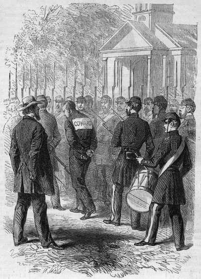 Secession War (1861-1865) eller amerikanska inbördeskriget: bestraffning av en soldat av det nordliga vapnet som anklagas för hete i strid. Med händerna bundna, en "Lache"-skylt på ryggen, korsar han lägret vid ljudet av trumman. Gravyr i "" Le Monde Illus av French School