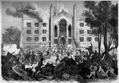 Secessionskrig eller amerikanska inbördeskriget (1861-1865) - New York - juli 1863: motstånd mot värnplikt, uppror satte eld på asylen för de färgade föräldralösa barnen i New York City under "Draf Riots". Gravyr i "" Le Monde Illustré"" nr 331 av 15 augus av French School