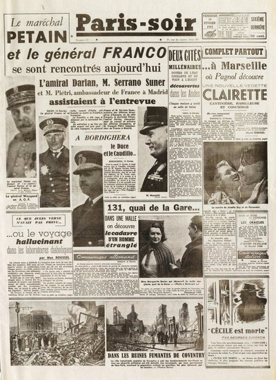 Andra världskriget (1939-1945) - Andra världskriget (WWII eller WW2): PARIS KÄLLA [Nr. 237] av 1941-02-14 - Möte mellan LE MARECHAL PETAIN och GENERAL FRANCO - av French School